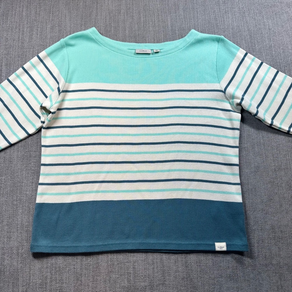 L.L.Bean Striped Top Women XL Petite Mint Teal   Ribbed Cotton Boat Neck